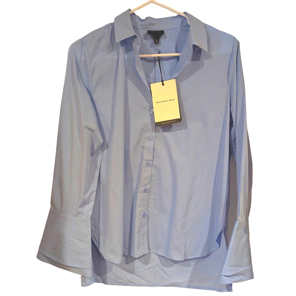 WHO WHAT WEAR Light‎ Blue Button Up Shirt Bell Sleeve Cuffed Cuff Size S